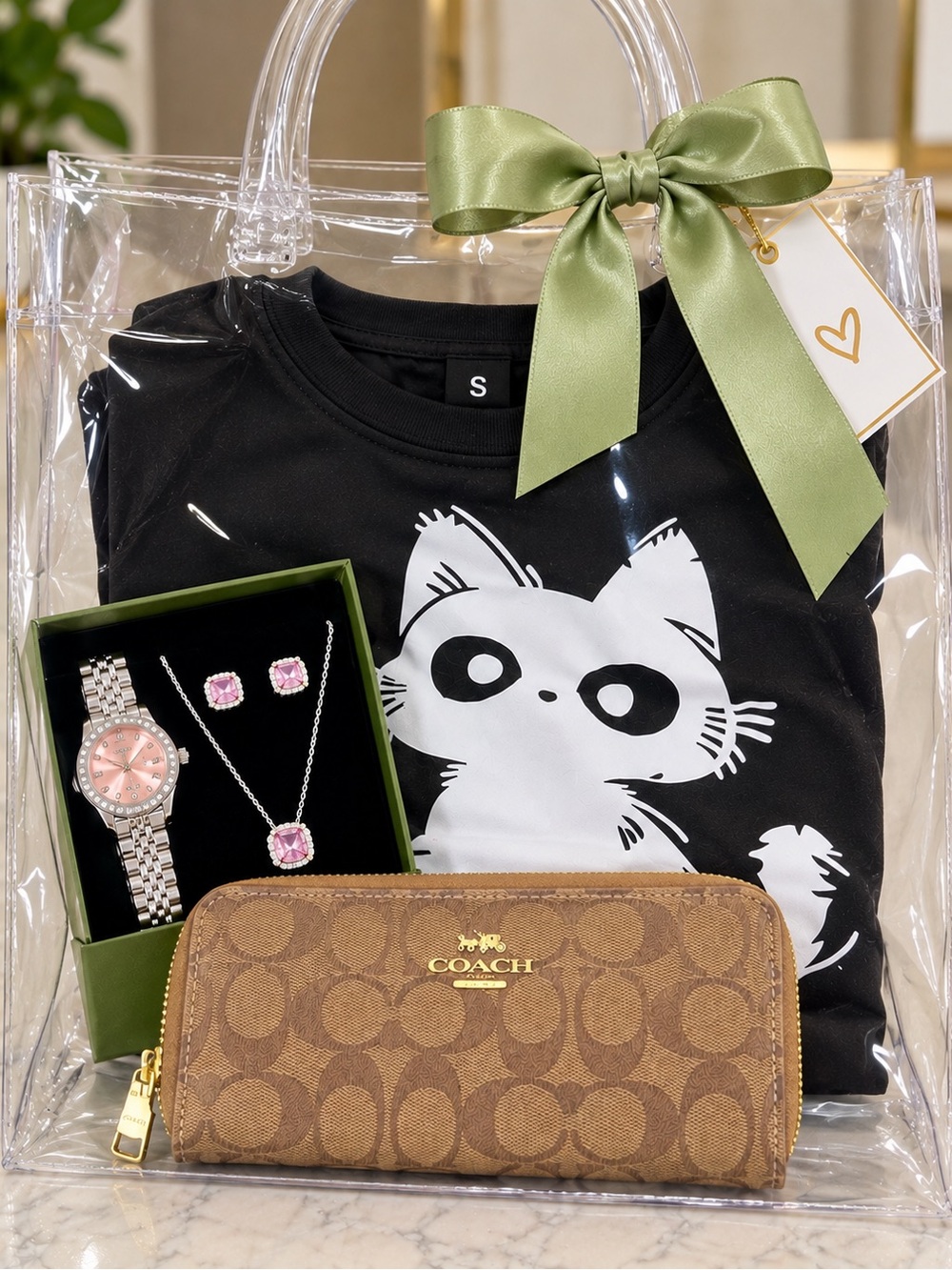 Coach Brown Signature Zip Wallet with Pink Jewelry Set and Black Cat Tee